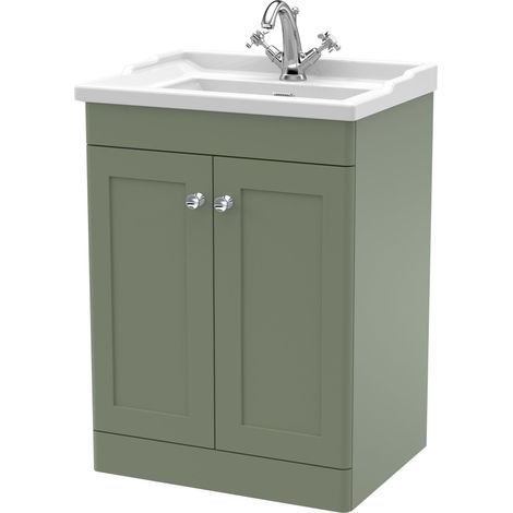 Nuie Classique Floor Standing 2-Door Vanity Unit with Traditional Basin 600mm Wide Satin Green - 1 Tap Hole