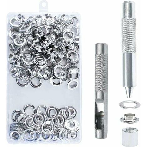 Kit de 100 ojales de 14 mm, herramientas metálicas para ojales, kit de ojales con herramientas para reparación de lonas, tiendas de campaña y lonas, color plata, color amarillo brillante. (1/5)
