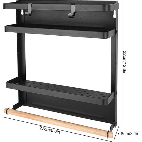 Rack Multifonctionnel Magnétique Modèle BoMi Noir 32x27x7.8cm en Fer et Bois pour Réfrigérateur - Rack Rangement Folding 100% Brand Nouveau 1417g avec Poteau en Bois et Fence Hooks (1/5)