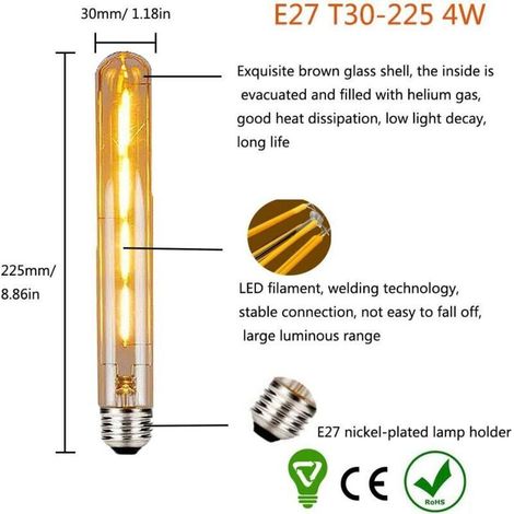 Confezione da 2 lampadine LED T30 E27 a tubo lungo, lampadine decorative retrò vintage Edison a tubo da 4W (sostituiscono le lampadine alogene a vite da 40W) Lampada LED a filamento T30 bianco caldo 2 (1/4)