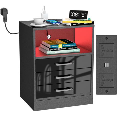 Comodino moderno Haloyo® a 3 cassetti con luci a LED, comodino con multipresa, per soggiorno, camera da letto, 60x45x35 cm, nero (1/5)