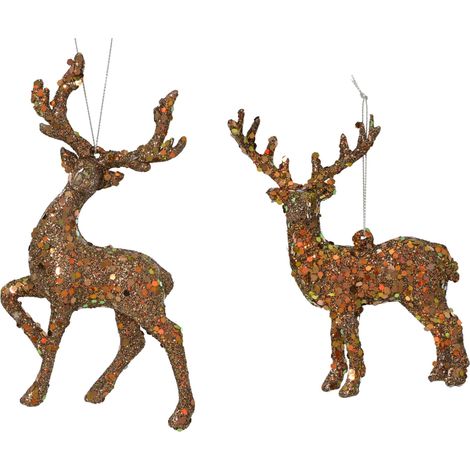 Pendente renna con glitter e paillettes 8 x 14,5 x 2,2 cm marrone anticato Peraga Christmas