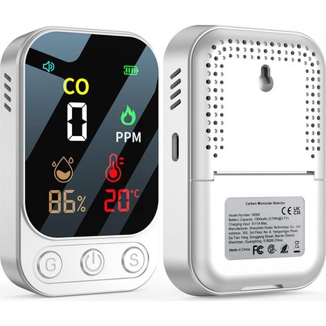 Détecteur de monoxyde de carbone portable 3 en 1, détecteur de monoxyde de carbone rechargeable avec affichage de la température et de l'humidité, portable pour la maison, la caravane, le (1/5)