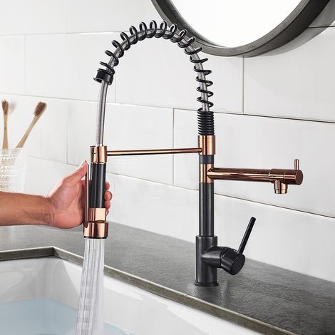 Robinet de Cuisine Noir et rose, Robinetterie à Ressort avec Haute Pression Douchette Extensible Rotation 360° 2 Modes de Pulvérisation,Monocommande Evier Froide et Chaud Disponible Laiton (1/5)