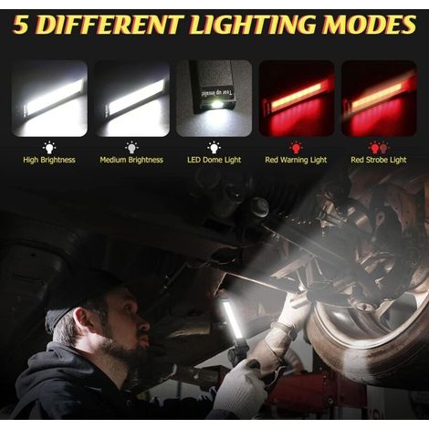 WORKLIGHT Lampe de Travail Rechargeable Lampe Atelier COB Torche Lampe de Poche avec Base Magnétique 5 Modes Lumière Blanche/Rouge Camping Lampe pour Garage, Camping, d'urgence, etc (Grand, (1/5)