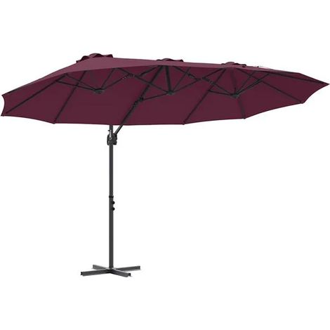 Parasol rouge bordeaux, dimensions : 372 x 198 x 243 cm, matériau : polyester et aluminium. (1/5)