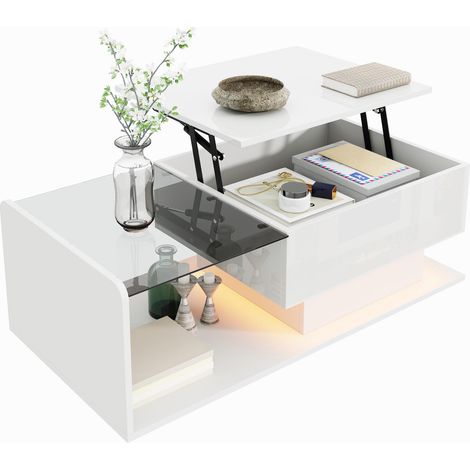 Couchtisch, Hochglanz Weiß, Beistelltisch, Couchtisch mit Glas und LED-Effekt, mit Glasplatte, Modern Design (1/5)