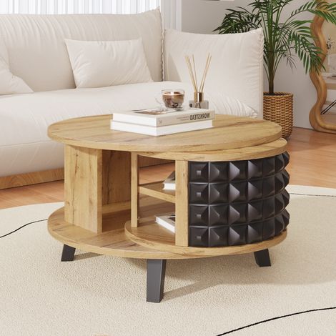 Tavolino da salotto rotondo 85 cm, con cassetti di deposito nascosti, girevole, design bicolore, scandinavo, tavolo da salotto in legno - Marrone