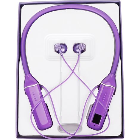 Écouteurs Bluetooth tour de cou avec indicateur de batterie LED, lecteur de carte mémoire, oreillettes magnétiques et rétroéclairage RGB violet. (1/5)