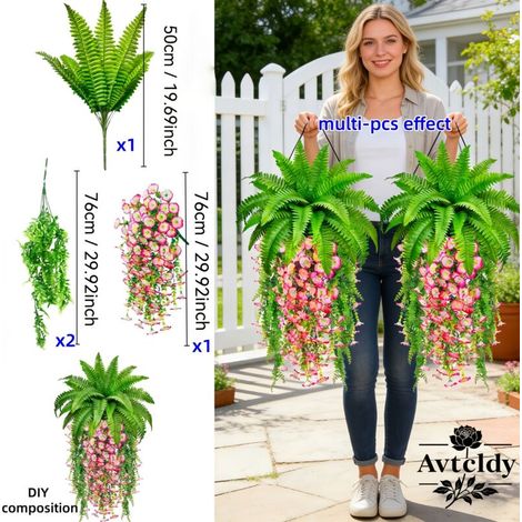 Lot de 8 Plantes Artificielles Boston Fern et Morning Glory, Fougères Bioniques Éternelles, Décoration Maison, Terrasse et Fenêtre (1/4)