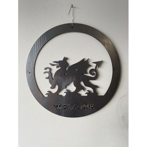 Welsh Dragon Wall Art - Small With Text - Steel - W29.5 x H29.5 cm - Bare Metal/Ready to Rust