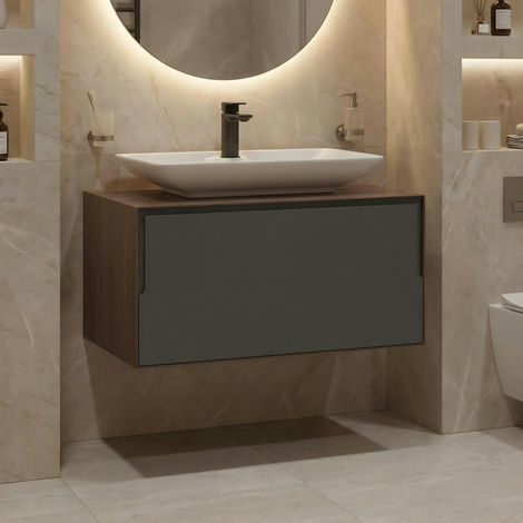 Meuble vasque blanc suspendu 80 cm décor bois foncé et anthracite 2 tiroirs RIA (1/5)