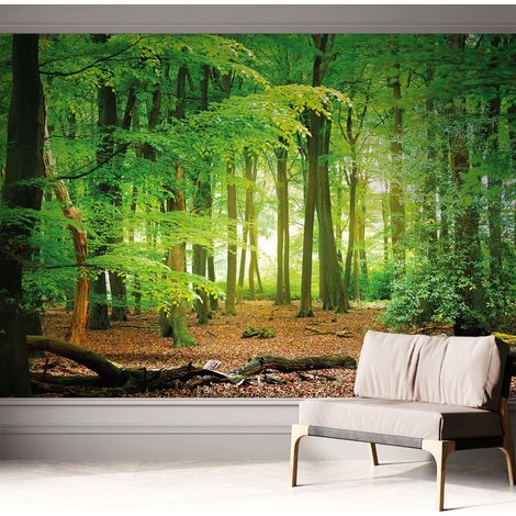 Selbstklebende Tapete modern Wohnzimmer - Wanddeko Schlafzimmer - Tapete mit Motiv Grüner Wald 312x219 cm (1/5)
