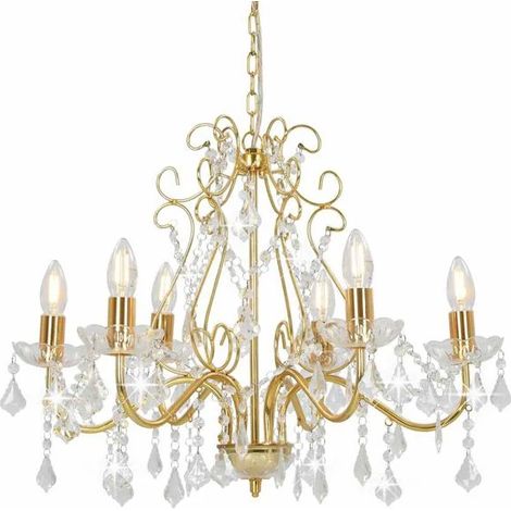Lustre rond orné de perles de cristal doré, 6 douilles E14 (1/5)