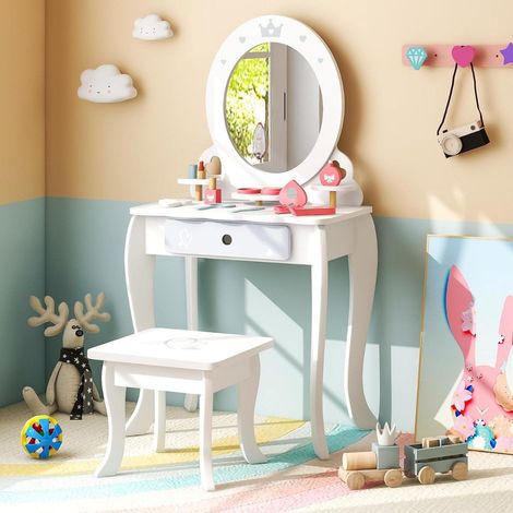 Juego de tocador infantil 2 en 1 con taburete espejo extraible cajones y accesorios