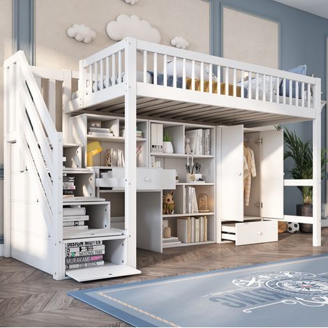 Letto per bambini in legno massello e MDF bianco con scrivania, scale contenitore e armadio, 90x200 cm (1/4)