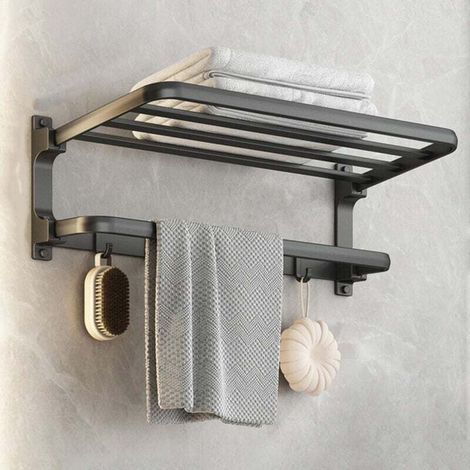 Wall Mounted Towel Rack Aluminum Gray Punch Free Bathroom Storage (1/4)