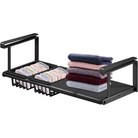 1 - Panier De Rangement - Organiseur D&39armoire - Support Rétractable Extensible 50-90cm Pour Cuisine Salle De Bain Buanderie Noir 50x26x18cm (1/5)