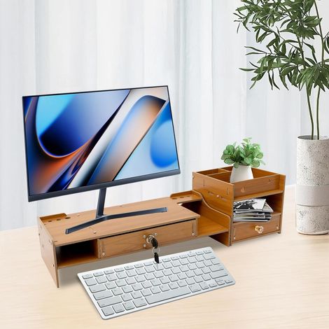 Monitorständer, Bildschirm Ständer Holz Material Mit Schubladen 2 Ebenen Großer Computer Laptop Desktop Organizer Ständer für Monitor Druckerständer (Kirsche Holzfarbe) (1/5)