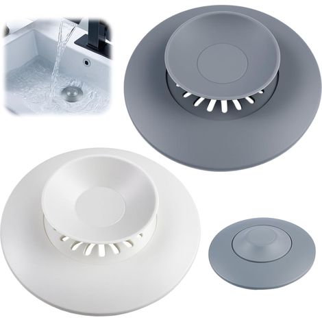 2 Pièces Silicone Bouchon Baignoire Universel, 11Cm Bouchon Evier Silicone avec Fonction Tamis À Cheveux, Bouchon De Baignoire Universel pour Baignoire Lavabo Évier Douche (Blanc + Gris) (1/5)