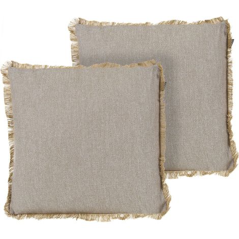 Lot de 2 Coussins Décoratifs Extérieur Bohème en Oléfine Accessoires de Jardin avec Franges Beige Castanea (1/5)