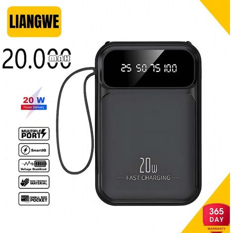 Batterie externe 20 000 mAh Mini à charge rapide avec 4 câbles et indicateur LED de données - NOIR (1/4)