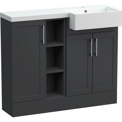 Pirehill Traditional Floor Standing Compact 3 Door Combination Vanity Unit with Shelves and Basin, Right Hand, 1000mm, Dark Grey