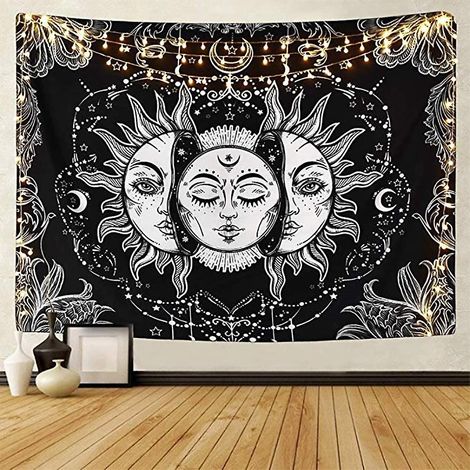 Tapisserie murale Tarot Soleil et Lune Psychédélique Noire Céleste, Mandala Indien, Plaid de Plage Bohème Hippie (XL/180cm x 230cm) (1/5)