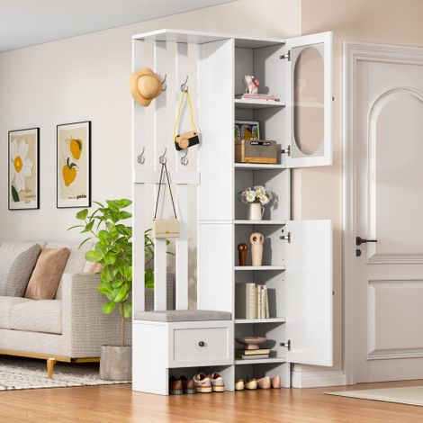 Meuble d'entrée compact 85 x 33,5 x 200 cm — ensemble blanc comprenant deux placards de rangement et une vitrine en verre trempé combine porte-manteaux, banc pour se chausser et assise rembourrée. (1/5)