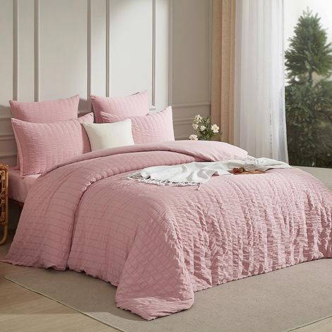 Housse de Couette Rose 220x240 Seersucker Unie Parure de Lit 2 Personnes Adulte Linge de Lit en Microfibre Uni Parure Housse Couette zippée avec 2 Taies d'oreiller 65x65 (1/5)