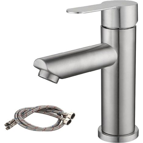 QAZQA Robinet de lavabo en laiton, chromé. Robinet de salle de bain, eau froide et chaude, classique, mitigeur monocommande,avec 60cm tube flexible