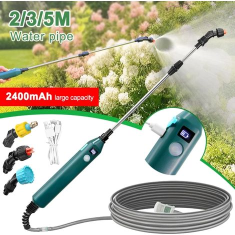 Arroseur électrique portable (5 mètres) 2400 mAh avec 3 buses de brumisation, arroseur haute pression pour plantes et jardin. (1/4)