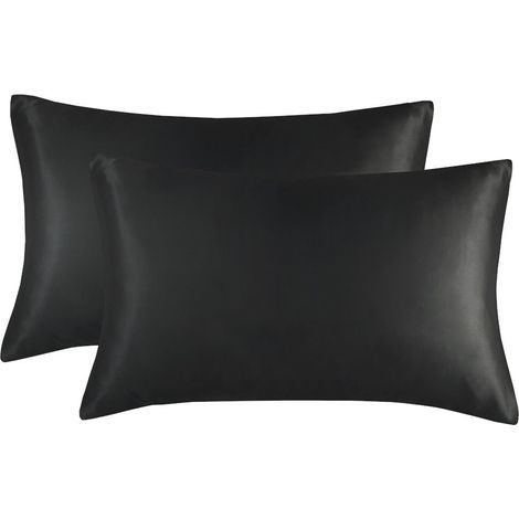 Lot de 2 taies d'oreiller noires haut de gamme — Taies d'oreiller en soie double face (spécialement conçues pour le soin de la peau et des cheveux) — Lavables, design « Luxe léger » (50 x 66 cm)