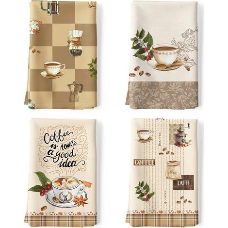 Torchons De Cuisine Coton Vaisselle Lot de 4, Serviettes de Cuisine Torchon Vaisselle 100% Coton avec Accroche Très Absorbant Serviettes de Bar 48 x 70CM Café (1/5)