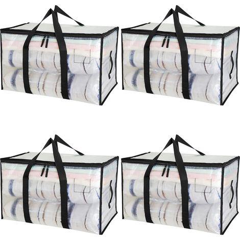 Sac Rangement - 4 pièces, Sac Rangement 90L PP Transparent Couvercle Poignées Renforcées - Pour Déménagement/Vêtements/Voyages (1/5)