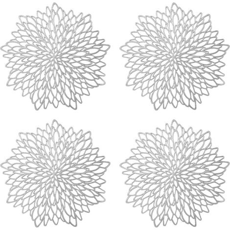 Set de Table Rond évidé, 4 pièces Set de Table Rond Argent métallisé Set de Table antidérapant Tapis de Protection en PVC à Coaster en Plastique Mats