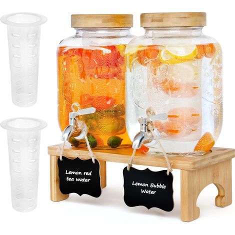 2 x 4 L Distributeur de boissons avec support, distributeur de boisson en verre avec robinet en acier inoxydable massif pour jus glacés, eau, boissons maison, fêtes, mariages (1/5)