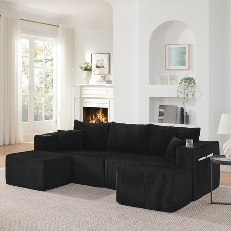 Sofá esquinero modular de 3 plazas negro en tela efecto terciopelo con 2 otomanas móviles (1/5)