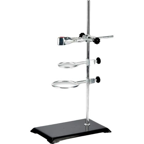 Set di supporto da laboratorio, struttura in ferro e acciaio inossidabile, lunghezza asta 40,6 cm, dimensioni supporto 21 x 14 cm, diametri degli anelli 5,5 cm e 6,5 cm, diametro del morsetto per fias (1/5)
