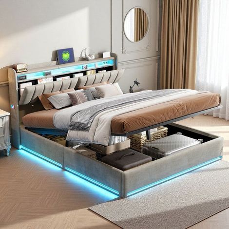 Letto matrimoniale - Letto gonfiabile 160x200 cm - Velluto grigio trapuntato - Contenitore con pistoni idraulici - LED RGB & USB