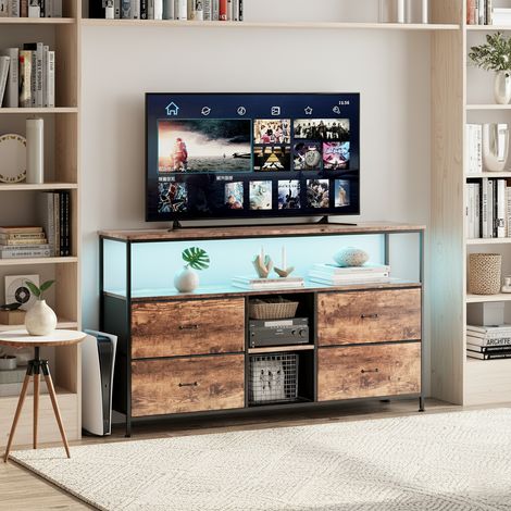 Meuble TV - avec éclairage LED intelligent intégré - 137x29x78 cm - 4 tiroirs - espace de stockage ouvert - structure en fer - aspect bois - marron (1/5)