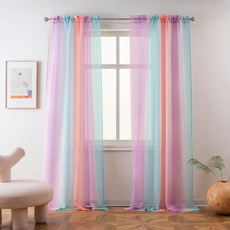 Rideaux transparents dégradés arc-en-ciel - 140 cm x 213 cm, panneau unique en lin - Design à œillets, pour chambres de filles, chambres d'enfants et thème sirène -... (1/5)