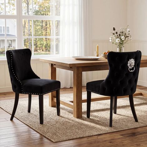 Wahson 2 PZ Sedie da Pranzo in Velluto, Sedie Cucina Eleganti con Gambe in Legno dettagli a Borchie per Cucina/Soggiorno, Nero
