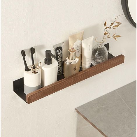 Étagère murale flottante en métal noir pour salle de bain, étagère murale décorative avec bords en bois massif, économie d'espace, antirouille extra forte étagère de rangement (50 cm) (1/5)