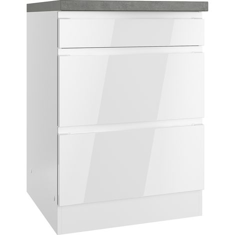 Kochfeldumbauschrank 60 cm in Hochglanz weiß, Arbeitsplatte Betonoptik MARSEILLE-03 (1/5)