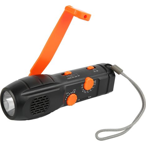 Radio torche d'urgence AM/FM rechargeable USB avec alarme SOS, batterie 1200 mAh, petite LED, à manivelle, idéale pour le camping et la randonnée (noir). (1/5)