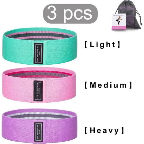 Set mit 3 Stoff-Widerstandsbändern für Fitnessübungen (grün, pink, lila) – Fitnessbänder für Männer und Frauen, Bänder für Bein- und Hüftheben, Yoga, Pilates, Rehabilitation, Fitness und Heimtraining