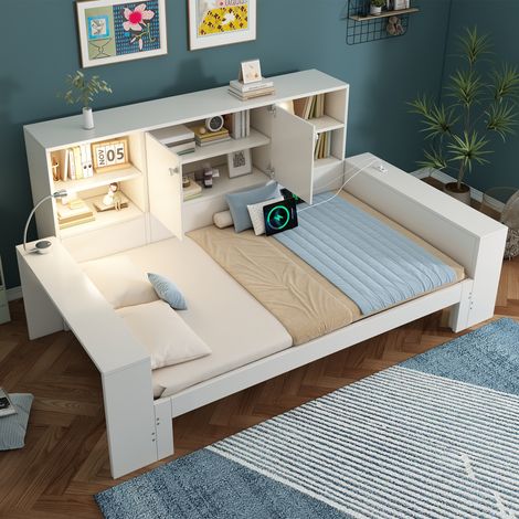 Lit coffre 90x200 cm blanc – lit de jour avec lit gigogne, lit en bois avec doubles portes et ports USB/USB-C – lit double peu encombrant et lit junior (sans matelas) (1/5)