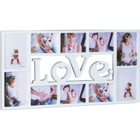 Relaxdays Picture Frame LOVE, Photo Frame for 10 Pictures, Plastic, HxWxD: 36.5 x 72 x 2 cm, White