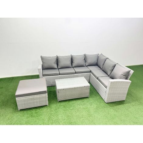 Fimous Garden Outdoor PE Rattan Furniture Set 7 Seater Rattan Garden Sofa Set with Oblong Coffee Table Light Grey Mixed (1/4)